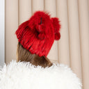 Red Fluffy Hat with Pompoms, Mink Fur Beanie Hat, Mink Hat for Women, Cute Winter Hat, Women Hat, Knitted Fur with Pompom, Fur Hat For Her
