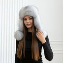 White Fox Fur Trapper Hat With Ear Flaps, Real Black Leather Aviator Hat, Saga Blue Fox Winter Hat, Fashion Ushanka, Warm Winter Hat For Her