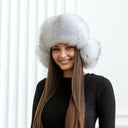 White Fox Fur Trapper Hat With Ear Flaps, Real Black Leather Aviator Hat, Saga Blue Fox Winter Hat, Fashion Ushanka, Warm Winter Hat For Her
