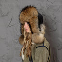 Natural Brown Raccoon Fur Trapper Hat, Women Hat For Cold Weather, Fluffy Aviator Hat, Leather Bomber Hat With Earflaps, Gift For Girlfriend