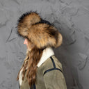 Natural Brown Raccoon Fur Trapper Hat, Women Hat For Cold Weather, Fluffy Aviator Hat, Leather Bomber Hat With Earflaps, Gift For Girlfriend