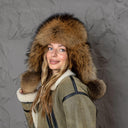 Natural Brown Raccoon Fur Trapper Hat, Women Hat For Cold Weather, Fluffy Aviator Hat, Leather Bomber Hat With Earflaps, Gift For Girlfriend