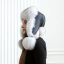 White Fox Fur Trapper Hat With Ear Flaps, Real Black Leather Aviator Hat, Saga Blue Fox Winter Hat, Fashion Ushanka, Warm Winter Hat For Her