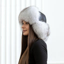 White Fox Fur Trapper Hat With Ear Flaps, Real Black Leather Aviator Hat, Saga Blue Fox Winter Hat, Fashion Ushanka, Warm Winter Hat For Her