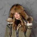 Natural Brown Raccoon Fur Trapper Hat, Women Hat For Cold Weather, Fluffy Aviator Hat, Leather Bomber Hat With Earflaps, Gift For Girlfriend