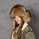 Natural Brown Raccoon Fur Trapper Hat, Women Hat For Cold Weather, Fluffy Aviator Hat, Leather Bomber Hat With Earflaps, Gift For Girlfriend