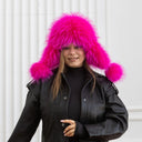 Pink Raccoon Fur Winter Hat For Her, Real Fur & Leather Trapper Hat, Fuchsia Black Ushanka, Women Bomber Hat, Warm Furry Hat, Gift For Her