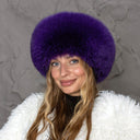 Purple Fox Fur Hat, Black Leather Mongolian Hat, Warm Fuzzy Hat, Winter Headwear, Real Fur Pill Box Hat, Violet Fuzzy Hat, Mom Birthday Gift