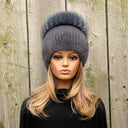 Real Fur Hat with Large Pompom, Ladies Mink Beanie, Gray-Blue Winter Headwear, Fur Fox Hat For Her, Gift for Daughter, Cozy Warm Winter Hat