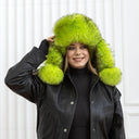 Neon Green Raccoon Fur Trapper Hat, Vibrant Aviator Hat, Women Real Leather Bomber Hat, Fluffy Ushanka, Hat With Ear Flaps, Teen Girl Hat