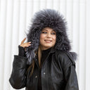 Oversized Gray Fur Trapper Hat, Real Raccoon Fur Bomber Hat, Silver Leather Aviator hat, Women Winter Hat, Fluffy Ushanka, Ear Flaps Hat