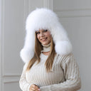 Snow White Raccoon Fur Trapper Hat, Oversized Furry Hat Wit Earflaps, Real Leather & Fur Aviator Hat, Ukrainian Ushanka, Mom Christmas Gift