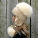 Real Fur Hat with Pom Pom, White Winter Beanie, Mink Hat for Women, Pompom Knitted Beanie, Warm Ear Flaps Hat, Extra Warm Hat For Teen Girl