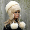 Real Fur Hat with Pom Pom, White Winter Beanie, Mink Hat for Women, Pompom Knitted Beanie, Warm Ear Flaps Hat, Extra Warm Hat For Teen Girl