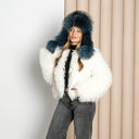 Royal Blue Raccoon Fur Trapper Hat, Fluffy Winter Head Warmer, Real Leather Ushanka, Aviator Hat, Oversized Bomber Hat, Warm Gift for Wife