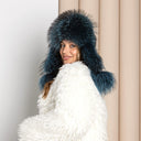 Royal Blue Raccoon Fur Trapper Hat, Fluffy Winter Head Warmer, Real Leather Ushanka, Aviator Hat, Oversized Bomber Hat, Warm Gift for Wife