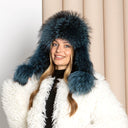 Royal Blue Raccoon Fur Trapper Hat, Fluffy Winter Head Warmer, Real Leather Ushanka, Aviator Hat, Oversized Bomber Hat, Warm Gift for Wife