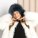 Royal Blue Raccoon Fur Trapper Hat, Fluffy Winter Head Warmer, Real Leather Ushanka, Aviator Hat, Oversized Bomber Hat, Warm Gift for Wife