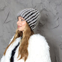 Striped Black & Gray Fur Hat, Mink Fur Beanie, Fluffy Ladies Fur Hat, Knitted Real Mink Fur Hat, Warm Fur Hat For Her, Perfect Gift for Mom