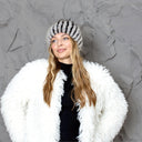 Striped Black & Gray Fur Hat, Mink Fur Beanie, Fluffy Ladies Fur Hat, Knitted Real Mink Fur Hat, Warm Fur Hat For Her, Perfect Gift for Mom