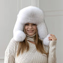 White Real Arctic Fox Fur Trapper Hat with Ear Flaps, One-Piece Winter Women's Hat, Warm Hat, Head Accessory, Cute Bomber Hat, Gift for wife