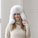 White Real Arctic Fox Fur Trapper Hat with Ear Flaps, One-Piece Winter Women's Hat, Warm Hat, Head Accessory, Cute Bomber Hat, Gift for wife