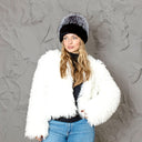 Knitted Rabbit Fur Pom Pom Hat, Women Winter Beanie, Black Fluffy Hat, Set of Hat and Mittens, Stylish Furry Hat For Her, Gift for Sister