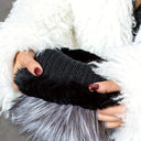 Knitted Rabbit Fur Pom Pom Hat, Women Winter Beanie, Black Fluffy Hat, Set of Hat and Mittens, Stylish Furry Hat For Her, Gift for Sister