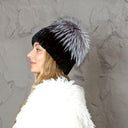 Knitted Rabbit Fur Pom Pom Hat, Women Winter Beanie, Black Fluffy Hat, Set of Hat and Mittens, Stylish Furry Hat For Her, Gift for Sister