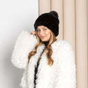 Knitted Rabbit Fur Hat with Fox Fur Pompom, Winter Ladies Hat, Fluffy Black or Silver Hat, Real Rabbit Fur Hat, Cold Weather Fur Accessories