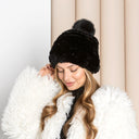 Knitted Rabbit Fur Hat with Fox Fur Pompom, Winter Ladies Hat, Fluffy Black or Silver Hat, Real Rabbit Fur Hat, Cold Weather Fur Accessories