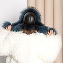 Royal Blue Raccoon Fur Trapper Hat, Fluffy Winter Head Warmer, Real Leather Ushanka, Aviator Hat, Oversized Bomber Hat, Warm Gift for Wife