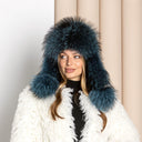 Royal Blue Raccoon Fur Trapper Hat, Fluffy Winter Head Warmer, Real Leather Ushanka, Aviator Hat, Oversized Bomber Hat, Warm Gift for Wife