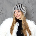 Striped Black & Gray Fur Hat, Mink Fur Beanie, Fluffy Ladies Fur Hat, Knitted Real Mink Fur Hat, Warm Fur Hat For Her, Perfect Gift for Mom