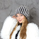 Striped Black & Gray Fur Hat, Mink Fur Beanie, Fluffy Ladies Fur Hat, Knitted Real Mink Fur Hat, Warm Fur Hat For Her, Perfect Gift for Mom