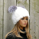 White Mink Hat with Pompoms, Mink Fur Beanie Hat, Mink Hat for Women with Ears, Cute Winter Hat, Knitted Fur Hat with Pompom, Teen Girl Hat