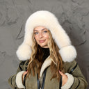 Real Cream Fur Trapper Hat for Women, Warm Hat With Ear Flaps, Real Leather Hat, Ukrainian Ushanka, Oversized Aviator Hat, Girlfriend gift