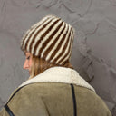 Brown & Beige Striped Fur Hat, Mink Knit Beanie, Furry Accessories, Cozy Winter Hat, Fluffy Ladies Hat, Fashion Winter Hat, Gift For Sister