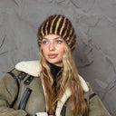 Brown & Beige Striped Fur Hat, Mink Knit Beanie, Furry Accessories, Cozy Winter Hat, Fluffy Ladies Hat, Fashion Winter Hat, Gift For Sister