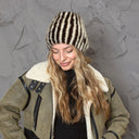 Brown & Beige Striped Fur Hat, Mink Knit Beanie, Furry Accessories, Cozy Winter Hat, Fluffy Ladies Hat, Fashion Winter Hat, Gift For Sister