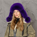 Hot Purple Woman's Winter Hat, Real Fox Fur & Leather Trapper Hat, Stylish Purple Bomber Hat, Furry Aviator Hat, Fuzzy Hat, Teen Girl Gift