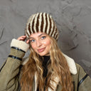 Brown & Beige Striped Fur Hat, Mink Knit Beanie, Furry Accessories, Cozy Winter Hat, Fluffy Ladies Hat, Fashion Winter Hat, Gift For Sister