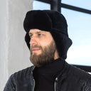 Mens Genuine Sheepskin Fur Ushanka Hat, Black Mouton Fur Winter Trapper Cap, Real Leather Earflap Hat for Cold Weather, Premium Gift for Him