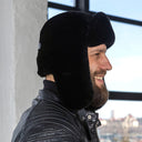 Mens Genuine Sheepskin Fur Ushanka Hat, Black Mouton Fur Winter Trapper Cap, Real Leather Earflap Hat for Cold Weather, Premium Gift for Him