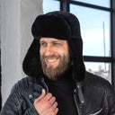 Mens Genuine Sheepskin Fur Ushanka Hat, Black Mouton Fur Winter Trapper Cap, Real Leather Earflap Hat for Cold Weather, Premium Gift for Him