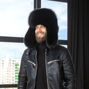One Piece Black Fox Fur Trapper Hat for Men, Fluffy Bomber Cap, Real Fox Fur Hat for Cold Weather, Fur Hat with Earflaps, Gift for Husband