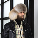 Mens Cognac Brown Leather Ushanka Hat, Winter Aviator Cap with Fluffy Golden Island Fox Fur, Warm Bomber Hat With Earflaps, Gift for Him