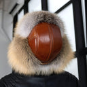 Mens Cognac Brown Leather Ushanka Hat, Winter Aviator Cap with Fluffy Golden Island Fox Fur, Warm Bomber Hat With Earflaps, Gift for Him