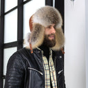 Mens Cognac Brown Leather Ushanka Hat, Winter Aviator Cap with Fluffy Golden Island Fox Fur, Warm Bomber Hat With Earflaps, Gift for Him