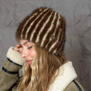 Brown & Beige Striped Fur Hat, Mink Knit Beanie, Furry Accessories, Cozy Winter Hat, Fluffy Ladies Hat, Fashion Winter Hat, Gift For Sister